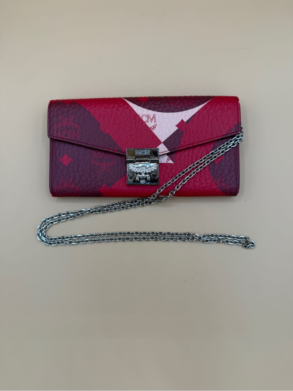 MCM Red Wave Visetos Millie Flap Crossbody Wallet on Chain in Lychee Red